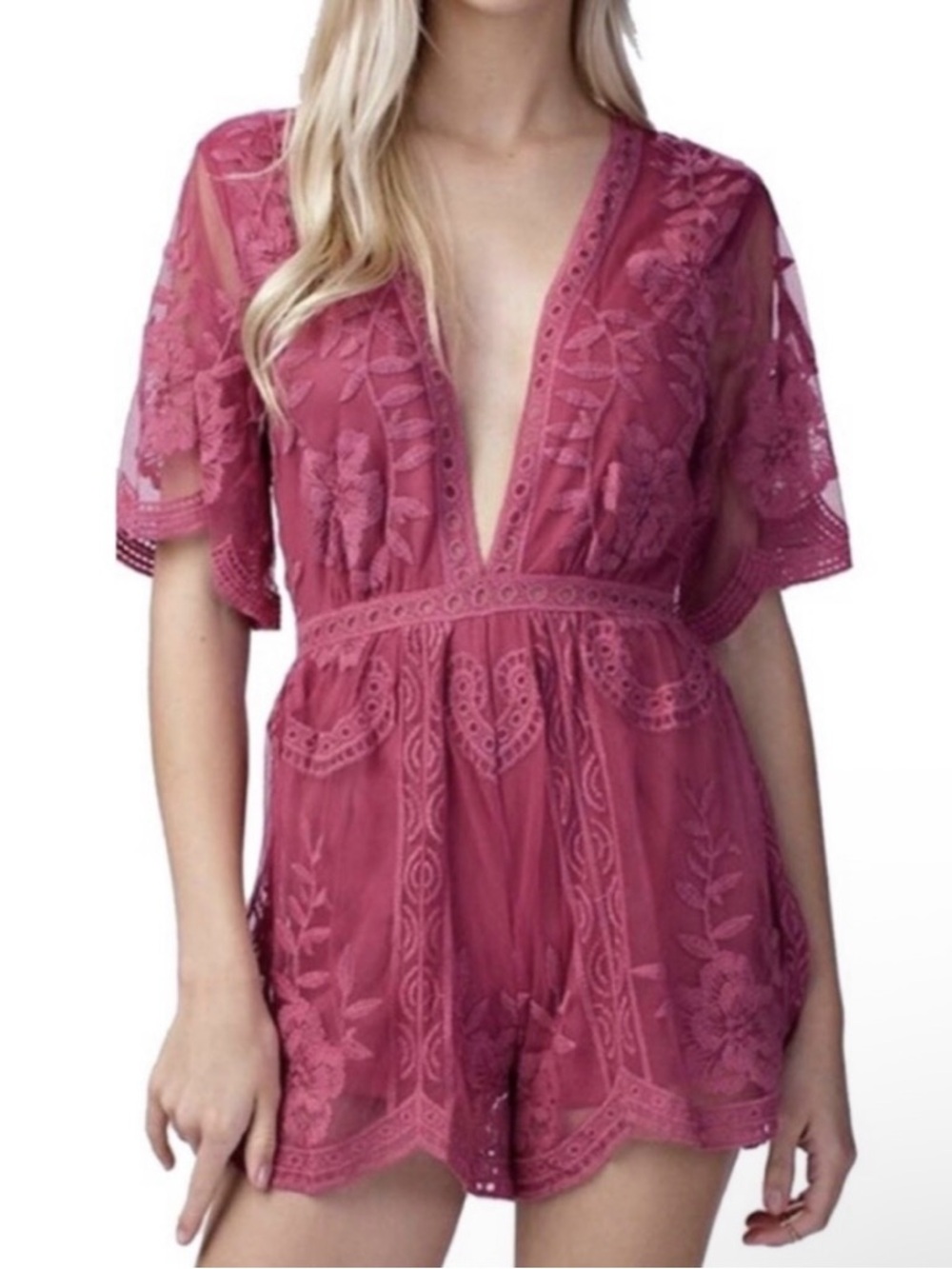 Honey Punch Deep V-Neck Embroidered Lace Romper in Dusty Rose Raspberry Small